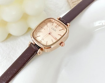 Square Leather Rose Gold Vintage Ladies Watch / Small wrist watch/minimalist watch / Gift for her/Wrist Watch for Women