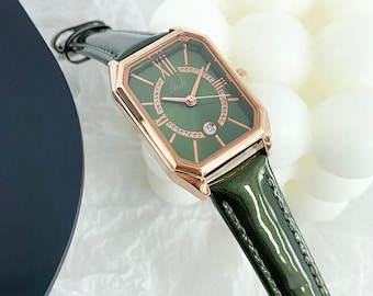 Schlichte Grüne Lederuhr mit Vintage Diamantenbesetztem Quadratischem Zifferblatt, Vintage Uhr, Geschenk für Sie, Muttertagsgeschenk