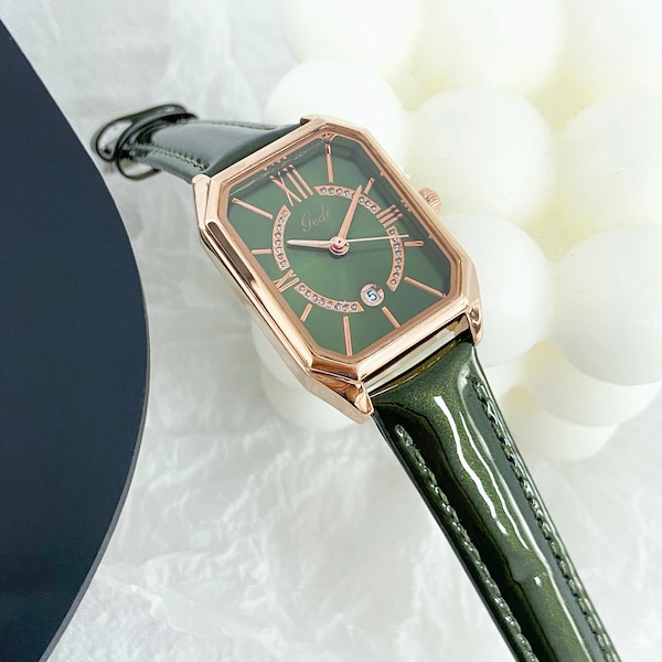 Montre en cuir vert éblouissante avec cadran carré incrusté de diamants vintage, montre vintage, cadeau pour elle