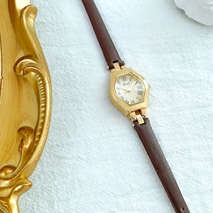 Vintage Roman Numeral Watch, Gold Tonneau Dial Vintage Leather Small Watch