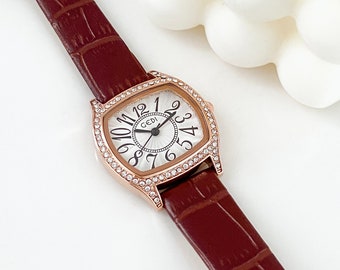 Armbanduhr für Frauen, Elegante Damenuhr, funkelnde Lederuhr, Geschenk für Mutter, Geschenk für Sie