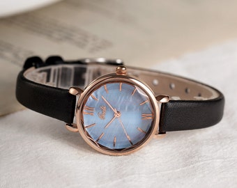 Elegante Ozeanblaue Muschel Uhr / Leder Uhr / Minimale Boho Uhr / Die Perlmutt Uhr / Muttertagsgeschenk/Geschenk für Sie