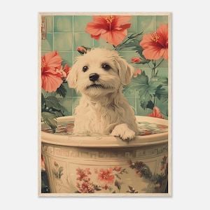 Adorable Dog in bathtub, Hibiscus Illustration for Pet Lovers Japanese bathroom decor, Japan art print, Aesthetic wall art | Digital print