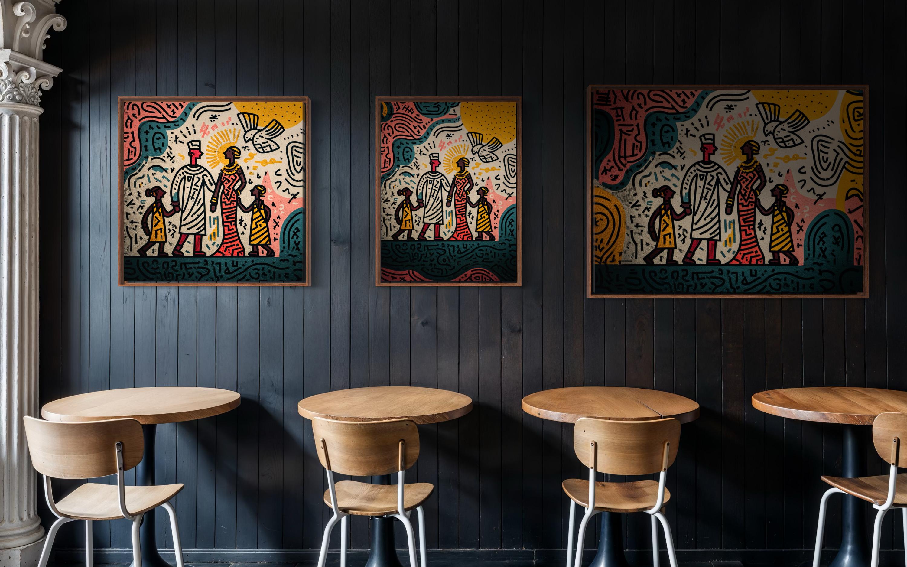 カラフルなアフリカの家族のアートプリント：抽象的な部族の壁の装飾