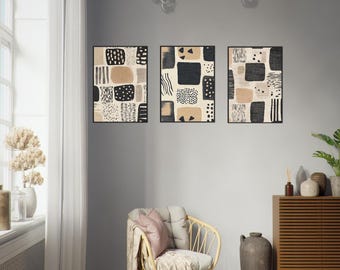 Modern Neutral Abstract Minimalist Gallery Wall Art Set of 3 |  Beige Geometric Pattern Art Print in Neutral Earth Tones | Digital Print