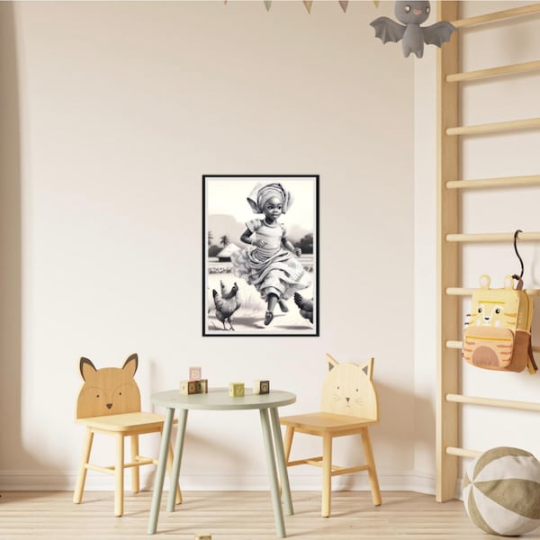 Pencil illustration of a yoruba child chasing after Chickens in western Nigeria | Wall Art | AI Generated | AI Art | Digital Download |