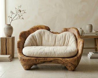 Sculptural Teak Root Lounge Chair, Organic Wood Accent, Cream Bouclé Cushion