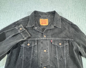 Distressed Vintage 1990s Levis Black Flannel Lined Denim Jacket