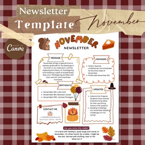 November Newsletter Template, Editable Newsletter, Monthly Newsletter, Classroom Newsletter, PTO Newsletter, Weekly Newsletter