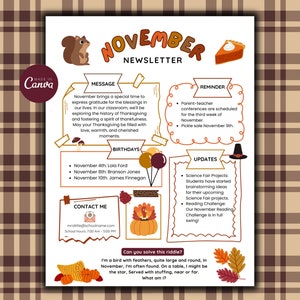 November Newsletter Template, Editable Newsletter, Monthly Newsletter, Classroom Newsletter, PTO Newsletter, Weekly Newsletter