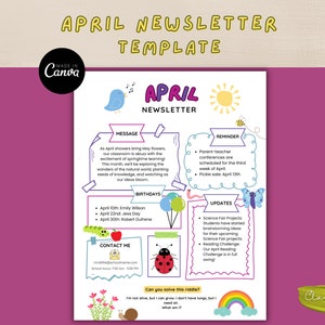 April Newsletter Template, Editable Newsletter, Monthly Newsletter, School Newsletter, Classroom Newsletter, Canva Template, Newsletter