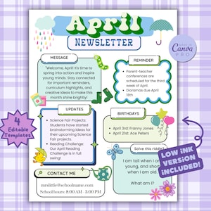 April Newsletter Template, Editable Newsletter, Monthly Newsletter, School Newsletter, Classroom Newsletter, Teacher Newsletter