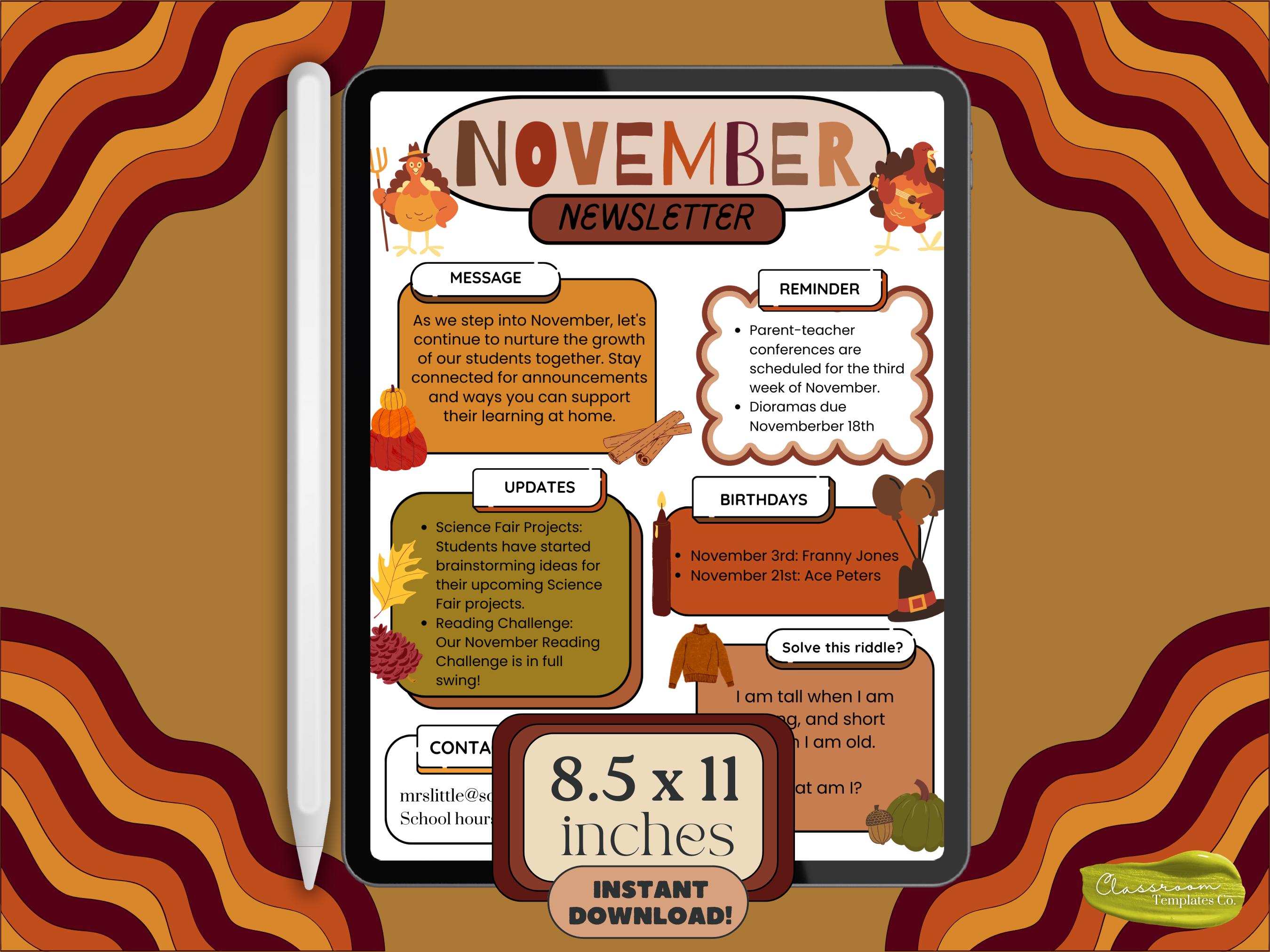 November Newsletter, Preschool Newsletter, Newsletter Template, Autumn ...