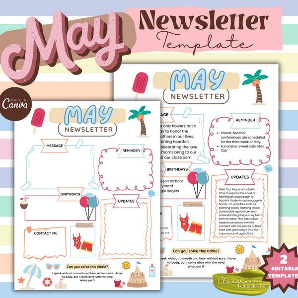 May Newsletter Template, Editable Newsletter, Monthly Newsletter, School Newsletter, Classroom Newsletter, Canva Template, PTO Newsletter