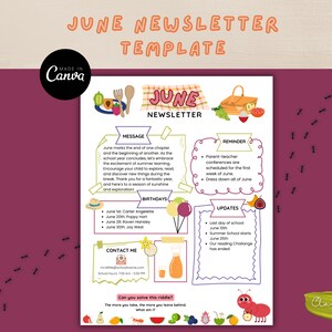 June Newsletter Template, Editable Newsletter, Monthly Newsletter, School Newsletter, Classroom Newsletter, Canva Template, PTO Newsletter