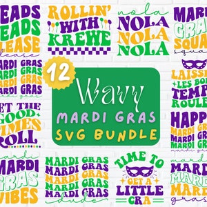 May include: A digital download of 12 wavy Mardi Gras SVG designs in purple, green, and gold. The designs include phrases like "Mardi Gras", "Let the Good Times Roll", "Beads Please", "Rollin' with Krewe", "Nola", and "Happy Mardi Gras".