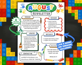 August Newsletter Template, Editable Newsletter, Monthly Newsletter, School Newsletter, Classroom Newsletter, PTO Newsletter, Bulletin Board
