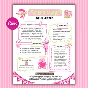 February Newsletter Template, Valentines Day Newsletter, Preschool Newsletter, Weekly Newsletter, Classroom Newsletter, Template Newsletter