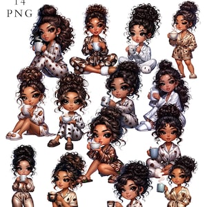 Latina Chibi Girl PNG: Cozy Coffee Clipart (Commercial Use