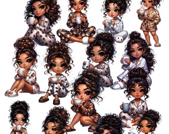 Commercial Use Png| Latina Cozy Chibi Girl With Coffee PNG| Clipart| Commercial Use|