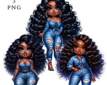 3 African American Chibi In Denim PNG| Commercial Use Clipart