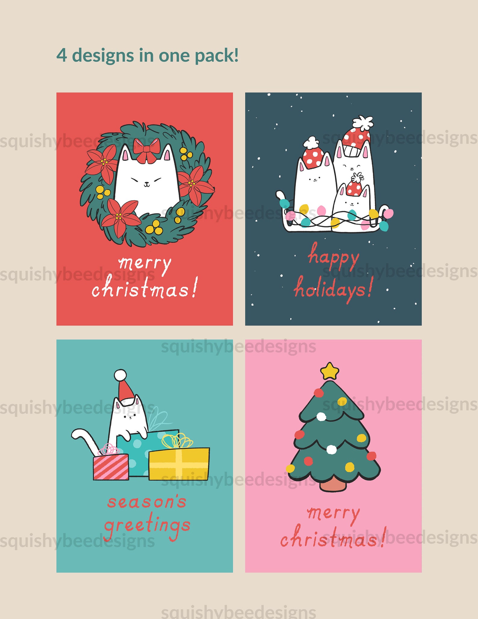Merry Christmas Cat Cards | Printable Holiday Card | Digital Download ...