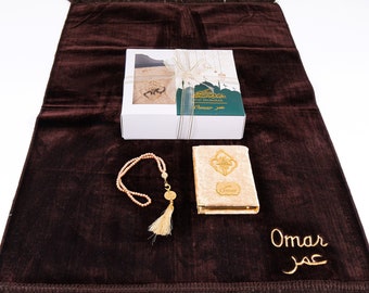 Personalized Velvet Prayer Mat Quran Tasbeeh Gift Set | Ramadan Eid Hajj Umrah Wedding Birthday Anniversary Father's Valentine Days Gift