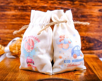 Personalized Eid Gift Bag for Kids - Custom Ramadan Favor Pouch - Islamic Party Goodie Bag - Cotton Treat Bag with Name - Gif Bag for Guests