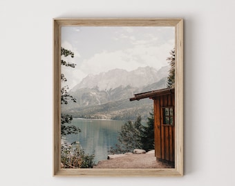 Lakeside Cabin Printable, Summer On The Lake, Lodge Style Art, Mountain Lake Scenery, Rustic Home Decor, Warm Summer Lake Poster, Nature Art
