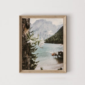 Canadian Lake Scenery, White Flower On Tree, Canadian Mountain Poster, Summer in Banff, Mountain Lake Wall Art, Wilderness Flower Poster