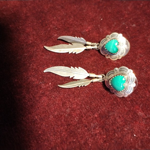 Vintage, native American, Navajo hearts and feathers malachite and sterling silver earrings