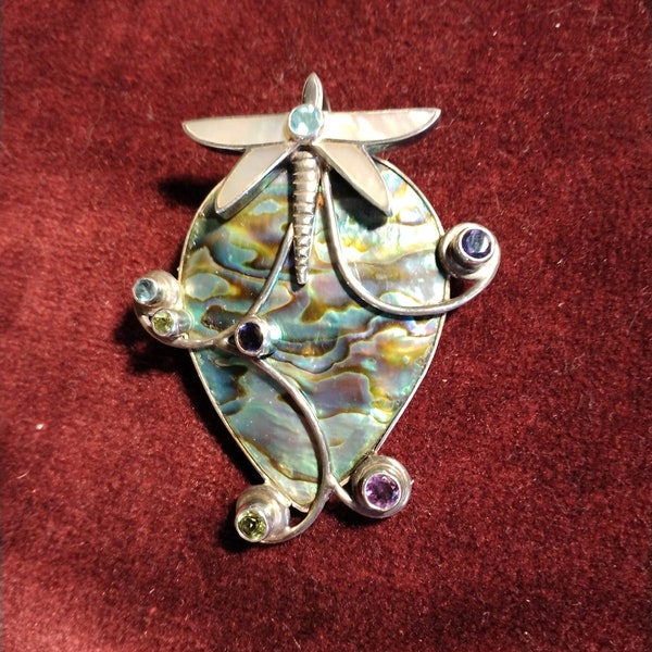 Abalone and sterling silver pendant, pin with semi precious stones