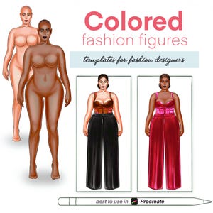 May include: Two fashion figures with different skin tones, wearing different outfits. The figure on the left is wearing a black top and black pants. The figure on the right is wearing a red top and red pants. The text "Colored fashion figures templates for fashion designers best to use in Procreate" is at the top of the image.