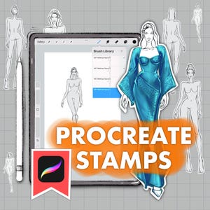 May include: A digital illustration of a woman wearing a blue dress with a sparkly texture. The image is on a tablet screen with the text "Procreate Stamps" and "Brush Library" visible. The image is surrounded by outlines of women in various poses.