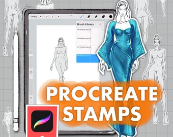 May include: A digital illustration of a woman wearing a blue dress with a sparkly texture. The image is on a tablet screen with the text "Procreate Stamps" and "Brush Library" visible. The image is surrounded by outlines of women in various poses.