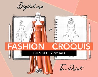 Fashion croquis template. 2 female croqui poses - printable and digital use