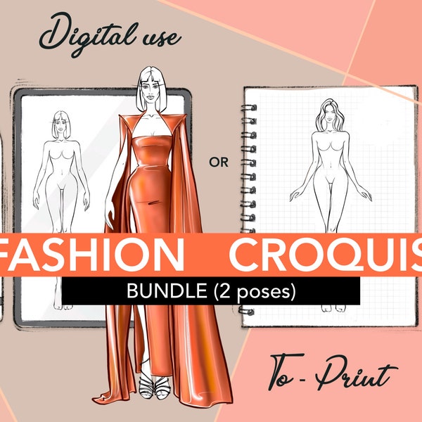 Fashion croquis template. 2 female croqui poses - printable and digital use