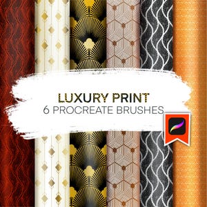 Può includere: Grafica di arte digitale con sei diversi motivi ripetuti in tonalità di rosso, oro, nero e argento. Il testo "LUXURY PRINT 6 PROCREATE BRUSHES" è visualizzato sull'immagine, insieme al logo dell'app Procreate.