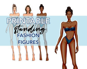 Printable realistic fashion model template, female fashion figure illustration. Standing model croquis templates to print