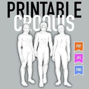 Puede incluir: Ilustración de croquis imprimible con tres figuras masculinas en un estilo minimalista. Las figuras están delineadas en negro sobre un fondo gris. La imagen incluye etiquetas de tipo de archivo: .PDF, .JPG y .PNG.