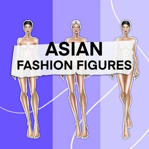 May include: Illustration of three Asian fashion figures in white dresses against a purple and blue background. The figures are stylized with long legs and minimalist features. The text "ASIAN FASHION FIGURES" is overlaid on the image.
