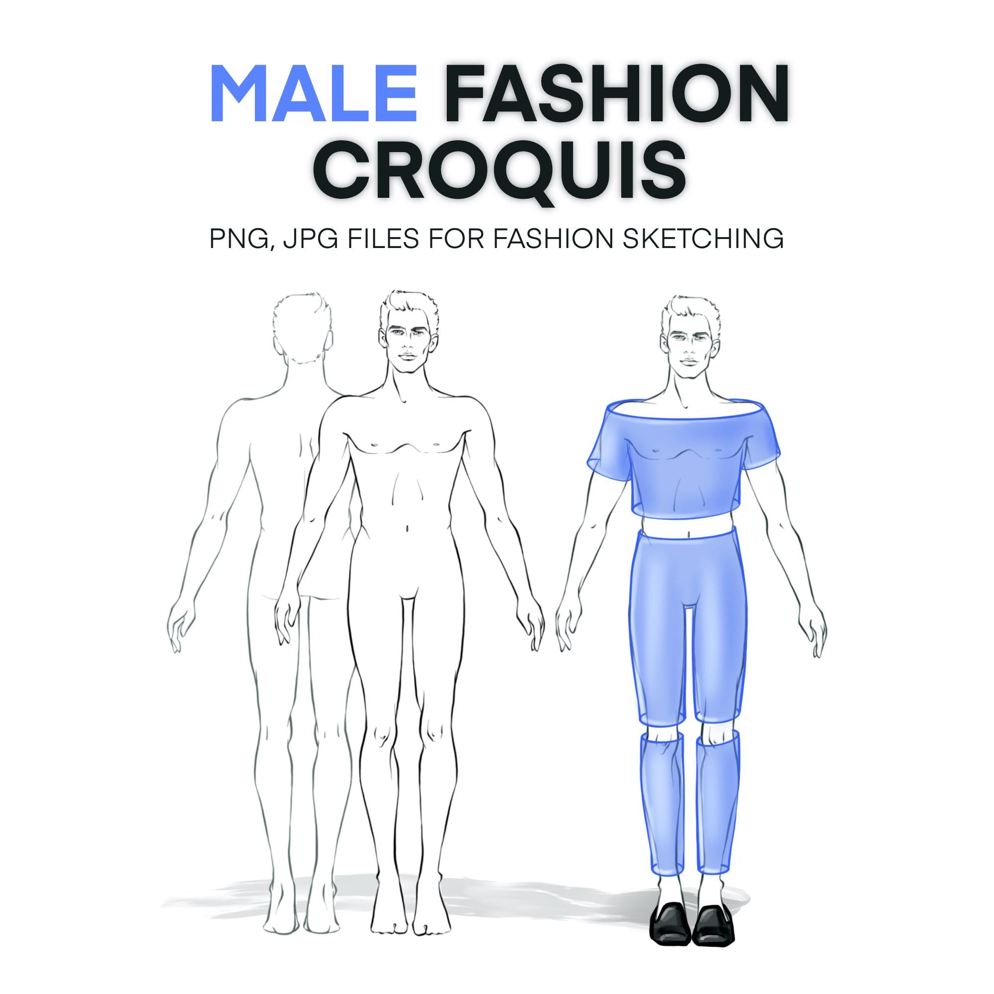 Male Fashion Croquis Front & Back View | Men Figure Template | Standing ...