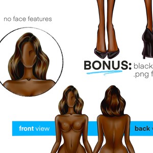 May include: Illustration of a woman's body in front and back views. The woman has long brown hair and brown skin. The image is for digital download and does not include facial features.