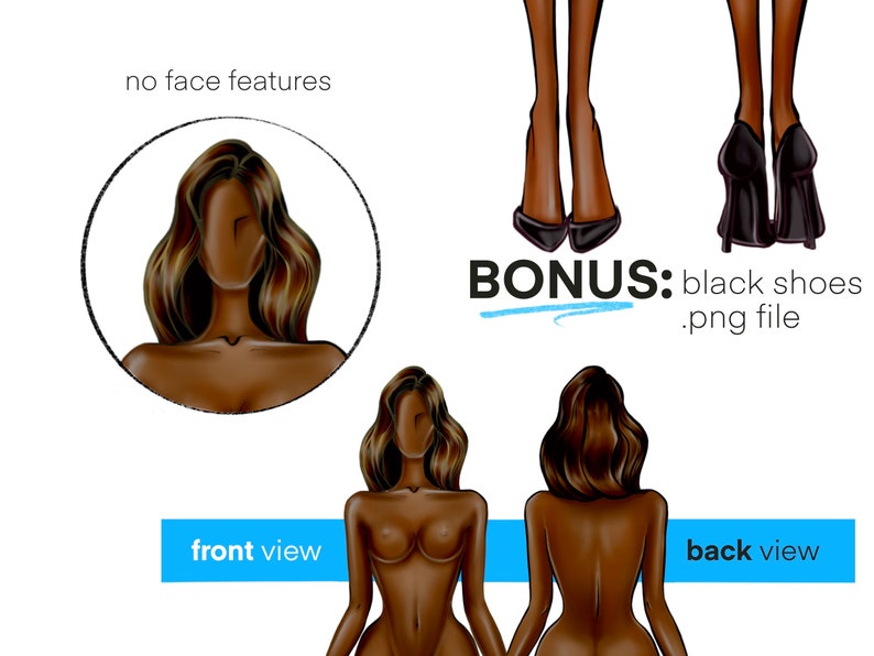May include: Illustration of a woman's body in front and back views. The woman has long brown hair and brown skin. The image is for digital download and does not include facial features.