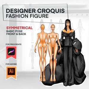 May include: Digital fashion design croquis showing a symmetrical basic pose, front and back views. The image includes a fully dressed fashion figure in a black pinstripe outfit. The text reads "Designer Croquis Fashion Figure" and "For Procreate" and "For Adobe".