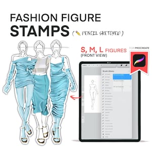 Puede incluir: Sellos digitales de figuras de moda para Procreate. La imagen muestra tres figuras de moda estilizadas con vestidos turquesa, etiquetadas S, M y L. El texto dice "Fashion Figure Stamps" y "Pencil Sketched". Una tableta muestra una biblioteca de pinceles.