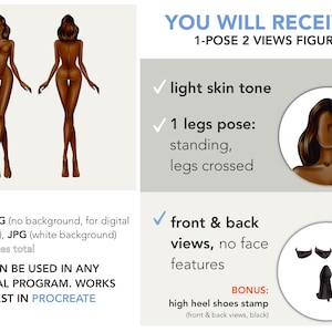 May include: Digital illustration of a female figure in a standing pose with legs crossed. The figure has a light skin tone and is shown from the front and back. The illustration includes a bonus high heel shoe stamp.