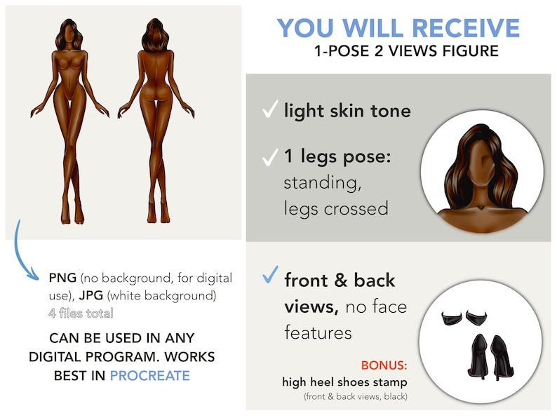 May include: Digital illustration of a female figure in a standing pose with legs crossed. The figure has a light skin tone and is shown from the front and back. The illustration includes a bonus high heel shoe stamp.