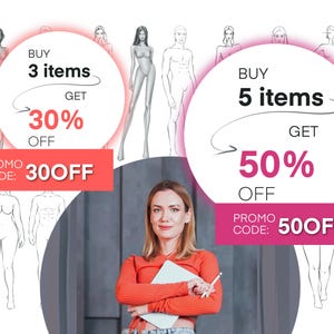 May include: A pink and white graphic with two circles containing text. The left circle says "BUY 3 items GET 30% OFF PROMO CODE: 300FF". The right circle says "BUY 5 items GET 50% OFF PROMO CODE: 500FF".