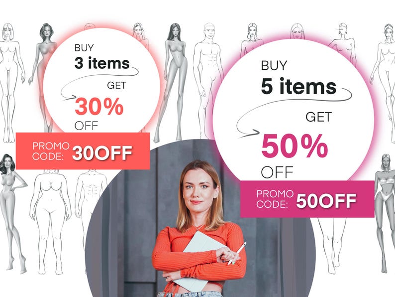 May include: A pink and white graphic with two circles containing text. The left circle says "BUY 3 items GET 30% OFF PROMO CODE: 300FF". The right circle says "BUY 5 items GET 50% OFF PROMO CODE: 500FF".